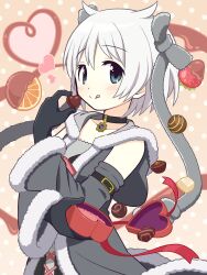  1girl :q anime_coloring aqua_eyes arm_belt azusa_mifuyu bare_shoulders belt belt_buckle black_belt black_collar black_dress black_gloves black_vest bow box box_of_chocolates buckle candy chocolate chocolate-covered_food chocolate_strawberry closed_mouth collar commentary_request cowboy_shot cross-laced_vest detached_sleeves dot_nose dress food fruit fur-trimmed_dress fur-trimmed_hood fur-trimmed_sleeves fur_trim gecchu gem gloves gold_buckle grey_bow grey_gem grey_hair grey_shirt hair_between_eyes hair_bow hair_horns happy heart heart-shaped_box heart-shaped_chocolate heart-shaped_food highres holding holding_box holding_chocolate holding_food hood hood_down hooded_dress light_blush long_hair looking_at_viewer magia_record:_mahou_shoujo_madoka_magica_gaiden magical_girl mahou_shoujo_madoka_magica official_style orange_(fruit) orange_background orange_slice polka_dot polka_dot_background red_ribbon ribbon shirt shirt_under_dress short_hair sleeveless sleeveless_dress smile solo spill standing tareme tongue tongue_out valentine very_long_hair vest white_hair wide_sleeves 