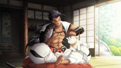  1boy abs artist_request black_gloves black_hair cat closed_eyes commentary day english_commentary full_body game_cg gloves hand_on_own_chin highres indoors japanese_clothes japanese_house long_hair muscular muscular_male navel official_art on_cushion pectorals plant scar scar_on_chin scar_on_face shigure_rangetsu shouji single_glove sitting sliding_doors smile solo sunlight sword tales_of_(series) tales_of_berseria tales_of_crestoria tatami third-party_source tree very_long_hair weapon white_cat 
