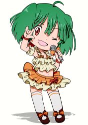  >_o 1girl ;d \m/ ahoge aqua_hair beeru_(veil8801) bow brown_shoes camisole collarbone commentary_request deformed footwear_bow highres holding holding_microphone legs_apart macross macross_frontier microphone miniskirt navel one_eye_closed open_mouth orange_bow ranka_lee red_bow red_eyes seikan_hikou shadow shoes short_hair simple_background skirt skirt_bow smile solo standing thigh-highs white_background white_thighhighs zettai_ryouiki 
