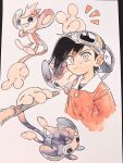  1boy ? aipom backwards_hat bangs baseball_cap black_hair branch closed_mouth ethan_(pokemon) goggles goggles_on_headwear hanging hat highres jacket male_focus notice_lines oharu-chan on_shoulder pokemon pokemon_(creature) pokemon_adventures pokemon_on_shoulder shirt short_hair traditional_media white_background zipper_pull_tab 