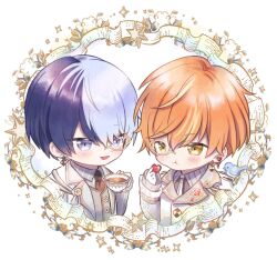  2boys animal_on_shoulder aoyagi_touya bird bird_on_shoulder blonde_hair blue_eyes blue_hair closed_mouth collared_shirt commentary_request cup earrings funsai_seyo!_unvalentine_no_fukushuu_(project_sekai) hand_up heart highres holding holding_cup jewelry lapels long_sleeves looking_at_another male_focus mole mole_under_eye monocle multicolored_hair multiple_boys necktie notched_lapels nozu63 official_alternate_costume open_mouth orange_eyes orange_hair project_sekai shinonome_akito shirt short_hair split-color_hair teacup two-tone_hair upper_body white_background wing_collar 