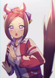  1girl :o absurdres animal_ears breasts brown_hair commentary_request forehead gym_uniform hair_ribbon hands_up headpiece highres horse_ears horse_girl horse_tail jacket long_sleeves looking_at_viewer medium_hair multicolored_jacket open_mouth purple_ribbon red_jacket red_trim ribbon sakura_bakushin_o_(umamusume) shirt simple_background small_breasts solo tail tracen_training_uniform track_jacket two-tone_jacket uchisaki_himari umamusume upper_body v-shaped_eyebrows violet_eyes white_background white_jacket white_shirt yellow_ribbon 