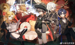  5boys aged_down alkaid_mcgrath animal_on_arm aqua_eyes arm_rest arm_support ascot ayn_alwyn bird bird_on_arm black_boots black_bow black_bowtie black_gloves black_hair black_hat black_jacket black_pants black_ribbon black_suit black_vest blonde_hair blue_eyes blue_hair blue_ribbon boots bow bowtie branch brooch brown_scarf cael_anselm clarence_clayden closed_mouth collared_shirt couch crossed_legs crow curtained_hair curtains cushion drawer dress_pants expressionless eyeball eyewear_strap fedora feet_out_of_frame figure_four_sitting foot_out_of_frame frilled_sleeves frills glasses gloves green_eyes green_vest grey_jacket grey_pants grey_suit hair_between_eyes hand_on_own_head hand_up hat highres holding holding_pocket_watch indoors jacket jewelry knee_boots lapels lars_rorschach ling_ye_shufulei long_hair long_hair_between_eyes long_sleeves looking_at_viewer lovebrush_chronicles male_focus mole mole_under_eye multiple_boys neck_ribbon night notched_lapels on_couch open_clothes open_jacket pants parted_bangs parted_lips phonograph plaid_clothes plaid_scarf pocket_watch red_eyes ribbon riding_boots scarf searchlight shirt short_hair signature sitting sleeve_cuffs smile snowing spirit standing stole suit suit_jacket thigh_strap vest violet_eyes watch watermark weibo_watermark white_ascot white_gloves white_hair white_pants white_shirt window wingtip_collar 