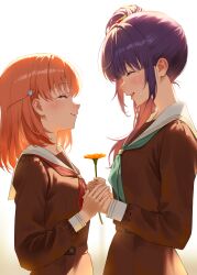  2girls absurdres aqua_neckerchief blush brown_dress cerise_bouquet closed_eyes commentary_request crying dress enu_illustip flower from_side hasu_no_sora_school_uniform highres hinoshita_kaho holding holding_flower holding_hands link!_like!_love_live! long_hair long_sleeves love_live! medium_hair multiple_girls neckerchief open_mouth orange_hair otomune_kozue purple_hair red_neckerchief sailor_collar sailor_dress school_uniform smile upper_body white_sailor_collar winter_uniform yuri 