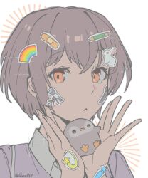  1girl bandaid bang_dream! bang_dream!_it's_mygo!!!!! brown_eyes collared_shirt commentary grey_hair grey_jacket guagua977 hands_up haneoka_school_uniform highres holding holding_stuffed_toy jacket looking_at_viewer own_hands_together pencil rabbit rainbow school_uniform shirt short_hair simple_background solo sticker sticker_on_face sticker_on_hair stuffed_animal stuffed_penguin stuffed_toy takamatsu_tomori untranslatable_commentary white_background white_shirt 