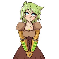  1girl axl_crow blue_eyes breasts brown_shirt brown_skirt closed_mouth commentary cowboy_shot double-parted_bangs english_commentary green_hair high-waist_skirt highres looking_at_viewer original prosthesis prosthetic_arm puffy_short_sleeves puffy_sleeves scar scar_on_cheek scar_on_face scar_on_nose shirt short_hair short_sleeves simple_background skirt small_breasts smile solo v_arms white_background 