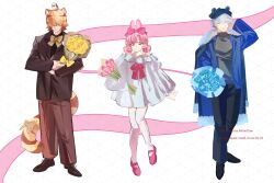  1girl 2boys animal_ear_headwear animal_ears annie_(heartopia) bear_boy bear_hat blanc_(heartopia) blonde_hair blue_coat blue_flower blue_rose bouquet bow brown_hair closed_eyes coat commentary double_bun dress felinetyne flower full_body grin hair_bow hair_bun hair_over_eyes hand_up heartopia highres holding holding_bouquet jacket multicolored_hair multiple_boys pink_flower pink_hair pink_shoes pink_tulip rabbit_girl rose shoes smile standing striped_tail suit_jacket sweater tail tail_bow tail_ornament thigh-highs tiger_boy tiger_ears tiger_tail tulip turtleneck turtleneck_sweater two-tone_hair untranslatable_commentary vanya_(heartopia) white_dress white_hair white_thighhighs yellow_flower yellow_rose 