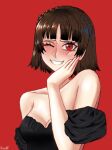  1girl bangs bare_shoulders black_dress blush braid breasts brown_hair chaosoded crown_braid dress grin hand_on_own_face highres medium_breasts niijima_makoto persona persona_5 red_background red_eyes short_hair simple_background smile solo strapless strapless_dress upper_body 