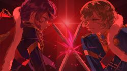  aiguillette black_jacket blonde_hair blue_jacket bow bowtie brume_(reverse:1999) chinese_commentary clash clenched_teeth commentary_request cosplay duel epaulettes eye_contact face-to-face felicienne_(reverse:1999) fighting fur-trimmed_jacket fur_trim grin highres jacket jacket_on_shoulders looking_at_another purple_bow purple_bowtie purple_hair red_jacket red_light red_sash reverse:1999 rokilly sash short_hair shoujo_kageki_revue_starlight shoulder_sash smile sparks sword_clash teeth v-shaped_eyebrows violet_eyes yellow_eyes 