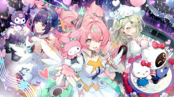  +_+ 3girls ;d ^_^ absurdres ahoge angels_of_delusion aqua_bow aqua_eyes aqua_nails aqua_streaks aria_(zenless_zone_zero) arm_up arm_warmers asymmetrical_bangs audience backpack bag balloon bandaid bandaid_hair_ornament bangboo_(zenless_zone_zero) beamed_eighth_notes black_bow blonde_hair blunt_bangs blush bow breasts cat_hair_ornament center_frills cinnamoroll closed_eyes collarbone commentary_request crossed_bangs detached_collar detached_sleeves dress earrings eighth_note eyelashes fang fingerless_gloves fingernails frilled_sleeves frills fuwa_fuwa_cinnamoroll gloves glowstick grin hair_between_eyes hair_bow hair_intakes hair_ornament hairclip half_note halo hand_up headgear heart heart_balloon heart_hair_ornament hello_kitty hello_kitty_(character) highres holding holding_microphone instrument jewelry keyboard_(instrument) kuromi light_particles long_hair looking_at_viewer looking_back medium_breasts microphone multicolored_hair multiple_girls musical_note musical_note_earrings musical_staff my_melody my_melody_(series) nail_polish nangong_yu on_head one_eye_closed one_side_up open_mouth outstretched_arm outstretched_hand parted_bangs pink_arm_warmers pink_bag pink_bow pink_eyes pink_gloves pink_hair puffy_short_sleeves puffy_sleeves quad_tails raised_eyebrows randoseru sanrio scar scar_on_back short_sleeves sidelocks smile sparkle stage star_(symbol) strapless strapless_dress streaked_hair striped_arm_warmers sunna_(zenless_zone_zero) teeth tgf_pic twintails upper_teeth_only white_dress white_wings wing_collar wings yellow_eyes zenless_zone_zero 