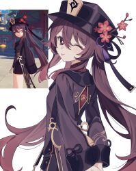 1girl black_hat brown_hair flower flower-shaped_pupils game_screenshot_inset genshin_impact hair_between_eyes hat highres hu_tao_(genshin_impact) long_hair looking_at_viewer one_eye_closed red_eyes screenshot_inset smile symbol-shaped_pupils tongue tongue_out twintails woolly_(ll_0o0) 