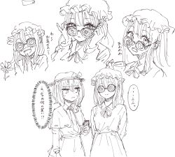  2girls :s :| adjusting_eyewear arms_behind_back belt bespectacled blush bow capelet closed_mouth coke-bottle_glasses commentary_request double-parted_bangs dress flower glasses hair_between_eyes hat hat_bow hat_ribbon highres holding holding_phone jitome kashiwada_kiiho lineart long_hair long_sleeves looking_at_viewer maribel_hearn medium_hair mob_cap multiple_girls multiple_views neck_ribbon nervous_laughter nervous_smile open_mouth own_hands_together parted_lips phone ribbon shirt simple_background sketch skirt smile split_mouth sweatdrop touhou translation_request unamused upper_body usami_renko white_background 