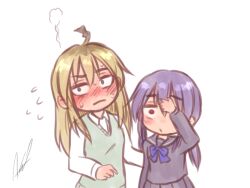  2girls ahoge aosora_(mizore) black_serafuku black_shirt black_skirt blonde_hair blue_bow blue_bowtie blue_eyes blush bow bowtie closed_mouth collared_shirt commentary_request empty_eyes flying_sweatdrops green_sweater_vest hair_between_eyes hand_on_own_head hand_up hayano_yuuki long_hair long_sleeves looking_ahead looking_at_another low_twintails multiple_girls nervous one_eye_covered original pleated_skirt purple_hair red_eyes sailor_collar school_uniform serafuku shirt shy sidelocks signature simple_background skirt sweat sweater_vest twintails upper_body white_background white_shirt wide-eyed yazaki_shiori yuri 