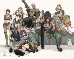  6+girls abs alisa_krova ammunition_belt ammunition_pouch arm_tattoo armor artist_logo artist_name astra_militarum bikini black_gloves black_socks blonde_hair blood blood_on_face blood_on_weapon boots bra breasts brown_eyes brown_hair brunn_arang bullet_necklace camouflage camouflage_bikini camouflage_bra camouflage_jacket camouflage_pants camouflage_skirt cat catachan_jungle_fighter chainsaw chainsword chihiro_catarine cigarette coat combat_boots combat_knife commentary computer defibrillator doll earrings english_commentary english_text firefighter_jacket flamethrower foot_wraps gloves goggles goggles_around_neck goggles_on_head green_armor green_eyes grey_cat grey_eyes gun headband heavy_bolter hellen_auricaelia_artha highres holding holding_flamethrower holding_weapon imperial_aquila jacket jen_talonus jewelry knee_pads knife laptop large_breasts lasgun laspistol latin_text lineup logo long_hair medical_gloves medium_breasts multiple_girls muscular muscular_female one_eye_covered orange_eyes orange_hair pants ponytail pouch purity_seal purple_hair radio red_headband rifle scar scar_on_arm scar_on_face scope scowl serene_ann_rexian servo-skull short_hair skirt smile smoking smoking_pipe sniper_rifle socks swimsuit tattoo torn_clothes trench_coat underwear violet_eyes warhammer_40k weapon white_hair woodland_camouflage zephart 