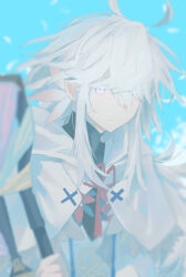  1boy blue_sky capelet closed_mouth commentary expressionless fate/grand_order fate_(series) flower hair_flower hair_ornament hair_over_one_eye highres holding holding_staff i0u0 long_hair looking_at_viewer male_focus merlin_(fate) muted_color sidelocks sky solo staff violet_eyes white_capelet white_hair 