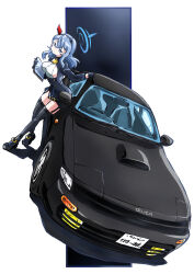  1girl ako_(blue_archive) bell black_garter_straps black_shoes black_thighhighs blue_archive blue_eyes blue_gloves blue_hair blue_jacket breasts car closed_mouth commentary_request cowbell dutch_angle full_body garter_straps gloves half_gloves halo highres holding jacket large_breasts leaning_forward long_sleeves looking_at_viewer motor_vehicle neck_bell shadow shoes solo standing taiga_hiroyuki thigh-highs toyota toyota_celica vehicle_focus 