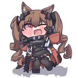  1girl :d absurdres angelina_(arknights) animal_ear_fluff animal_ears arknights arknights:_endfield black_dress black_gloves black_thighhighs blush_stickers breasts brown_hair chibi coat commentary_request double-parted_bangs dress fox_ears fox_girl frost_wyrm full_body gilberta_(arknights) gloves headpiece highres korean_commentary long_hair looking_at_viewer medium_breasts open_clothes open_coat plump red_coat shadow short_dress simple_background smile solo thigh-highs twintails v white_background 