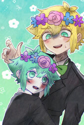  2boys absurdres alternate_costume antenna_hair basil_(faraway)_(omori) basil_(headspace)_(omori) basil_(omori) black_suit blonde_hair blue_eyes blush bow bowtie collared_shirt colored_skin commentary_request double-parted_bangs dual_persona flower flower_wreath germany_omori green_bow green_bowtie green_eyes green_hair hair_between_eyes head_wreath highres long_sleeves looking_at_another male_focus multiple_boys omori open_mouth outline shirt short_hair sidelocks suit sweatdrop teeth tongue upper_teeth_only white_outline white_shirt white_skin 