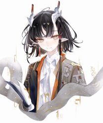  1girl absurdres arknights black_hair book closed_mouth coat commentary_request dragon_girl dragon_horns earrings gelasi highres holding holding_book horns jewelry jie_(arknights) long_sleeves multicolored_hair open_clothes open_coat pointy_ears shirt short_hair simple_background smile solo tassel tassel_earrings upper_body white_background white_shirt yellow_eyes 