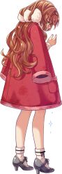 1girl acea4 brown_hair coat coat_on_shoulders from_behind full_body fur-trimmed_coat fur_trim grey_shoes grey_socks helena_(kancolle) helena_(valentine)_(kancolle) high_heels kantai_collection long_hair official_art red_coat shoes socks solo standing sweater tears third-party_source torn_clothes transparent_background 