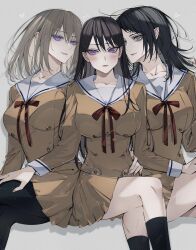  3girls bang_dream! bang_dream!_it's_mygo!!!!! black_hair black_pantyhose black_socks blackfangs blonde_hair breasts brown_dress closed_mouth collarbone commentary crossed_legs dress hair_between_eyes hanasakigawa_school_uniform hand_on_another's_thigh heart highres large_breasts long_hair medium_hair misumi_uika mole mole_under_eye multiple_girls pantyhose pleated_dress red_ribbon ribbon sailor_collar sailor_dress school_uniform shiina_taki sitting socks violet_eyes yahata_umiri 