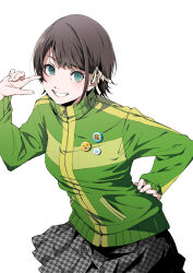  1girl aqua_eyes badge black_hair braid brown_hair button_badge contrapposto cosplay fingernails green_jacket grey_skirt grin hand_on_own_hip hey_oh_much highres hololive jacket leaning_forward looking_at_viewer miniskirt official_alternate_hairstyle oozora_subaru persona persona_4 pleated_skirt pointing pointing_at_self satonaka_chie satonaka_chie_(cosplay) short_hair side_braid simple_background skirt smile solo track_jacket upper_body virtual_youtuber white_background 