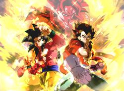  black_hair blue_sash body_fur commentary_request dougi dragon_ball dragon_ball_gt dragon_ball_z_dokkan_battle gogeta highres long_hair male_focus monkey_boy monkey_tail multiple_boys muscular muscular_male no_nipples pants pectorals red_fur red_hair saiyan sash smirk son_goku sparkle sparkling_aura spiky_hair super_saiyan super_saiyan_4 tail takahir22371805 vegeta yellow_aura yellow_pants 