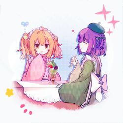  2girls :d ahoge apron back_bow beret black_ribbon blue_hat bob_cut bow chinese_commentary closed_eyes commentary_request cropped_torso eating facing_another fby1313133 food fork fruit green_kimono hair_ribbon hand_rest hand_up hat heart hieda_no_akyuu highres holding holding_fork japanese_clothes kimono looking_at_another motoori_kosuzu multiple_girls open_mouth orange_eyes orange_hair parfait pink_kimono purple_hair ribbon short_hair smile strawberry touhou two_side_up white_apron white_background white_bow 