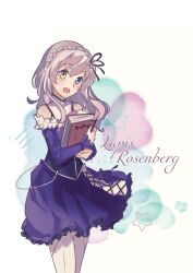  1girl bare_shoulders book braid character_name clothes_lift commentary_request cowboy_shot crown_braid detached_sleeves dress dress_lift eiyuu_densetsu english_text hair_ribbon heterochromia highres holding holding_book hugging_object kai_no_kiseki kuro_no_kiseki_(series) lapis_rosenberg long_hair long_sleeves momoseayuri ribbon simple_background solo upper_body white_background white_hair 