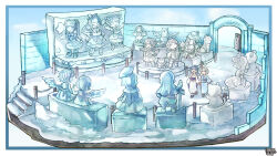  2girls :d :o animal_ears blue_eyes blue_hair blue_kimono border chigu commentary_request commission floorplan hair_bun hair_ornament highres holding_hands ice_sculpture igloo japanese_clothes kerberos_blade kimono long_hair multiple_girls obi obidome obijime rabbit_ears rabbit_girl sandals sash sculpture short_hair sign single_hair_bun smile snow snow_sculpture snow_shelter white_hair white_kimono zouri 