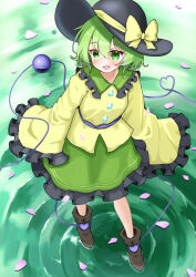  1girl black_hat blush boots bow brown_boots buttons collared_shirt commentary daia_(daia9132) diamond_button eyeball falling_petals fang frilled_shirt_collar frilled_sleeves frills full_body green_eyes green_hair green_skirt hat hat_bow heart heart_of_string komeiji_koishi long_sleeves open_mouth petals pink_petals shirt skin_fang skirt sleeves_past_fingers sleeves_past_wrists smile solo third_eye touhou wide_sleeves yellow_bow yellow_shirt 