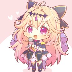  1girl :d absurdres bad_id bad_pixiv_id black_bow blonde_hair bow chibi chibi_only cure_arcana_shadow dress food full_body hair_between_eyes heart highres holding holding_food ice_cream kou_hiyoyo long_hair looking_at_viewer meitantei_precure! moria_luluka open_mouth precure smile solo two-tone_background very_long_hair violet_eyes 