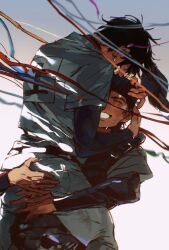  2boys ace_of_diamond baseball_helmet baseball_jersey baseball_uniform belt black_belt blush chest_protector goggles happy helmet highres hug jersey layered_sleeves long_sleeves male_focus miyuki_kazuya multiple_boys nian_rt pants sawamura_eijun shirt short_hair short_over_long_sleeves short_sleeves sportswear streamers sweat white_pants white_shirt 