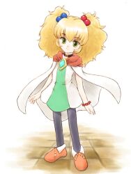  1girl altessa_(futagohime) asiaaqua bad_id black_pantyhose blonde_hair bracelet brown_shoes cape closed_mouth dress full_body fushigiboshi_no_futago_hime green_dress green_eyes hair_bobbles hair_ornament hood hooded_cape jewelry medium_hair pantyhose pearl_bracelet shoes sleeveless sleeveless_dress smile solo standing tile_floor tiles twintails two-tone_dress white_cape white_dress 