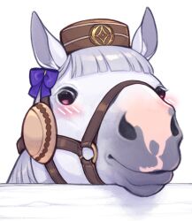  1girl animal_ears animal_focus animalization blush bow bridle gold_ship_(racehorse) gold_ship_(umamusume) hair_bow horse_ears horse_girl looking_at_viewer melon-fox no_humans photo-referenced pillbox_hat portrait purple_bow red_eyes umamusume white_background white_fur white_hair 