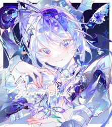  1girl absurdres ahoge border closed_mouth eyelashes flower headdress highres juliet_sleeves lao_ba_ye long_hair long_sleeves mole mole_under_eye one_side_up original outside_border puffy_sleeves purple_flower purple_hair sample_watermark sidelocks smile solo upper_body violet_eyes watermark white_border white_headdress wispy_bangs 