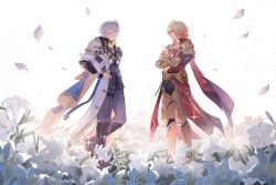  2boys antenna_hair arm_tattoo armlet armor armored_boots black_boots black_choker black_coat black_shirt blonde_hair blue_cape blue_eyes boots braid cape chest_tattoo choker clawed_gauntlets coat commentary crossed_arms earrings english_commentary facial_tattoo falling_petals field flower flower_field from_side gold_earrings gold_necklace gradient_hair grey_pants hand_on_own_hip highres honkai:_star_rail honkai_(series) jewelry lily_(flower) liyue_so_good male_focus medium_hair multicolored_hair multiple_boys mydei_(honkai:_star_rail) neck_tattoo necklace open_clothes open_coat pants parted_bangs pauldrons petals phainon_(honkai:_star_rail) profile red_cape red_hair red_tattoo second-party_source shirt short_hair shoulder_armor side_braid side_cape single_pauldron tattoo thigh_strap two-sided_cape two-sided_fabric white_coat white_hair yellow_cape yellow_eyes 