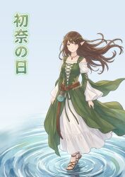  1girl 217find! animification breasts brown_hair brown_sandals closed_mouth commentary_request cross-laced_clothes cross-laced_dress dress elf floating_hair frilled_dress frills full_body green_dress hanamiya_nina head_wreath highres long_dress long_sleeves looking_at_viewer medium_breasts pointy_ears real_life sandals smile solo teacup_217 toes translated voice_actor walking walking_on_liquid white_dress 