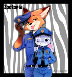  artist_name black_necktie breasts commentary_request fox_boy furry furry_female furry_male grey_fur hat highres inumimi_moeta judy_hopps looking_at_viewer medium_breasts necktie nick_wilde one_eye_closed orange_fur police police_hat police_uniform rabbit_girl snout standing tongue tongue_out twitter_username two-tone_fur violet_eyes white_fur zootopia 