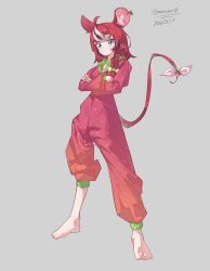  1girl animal_ear_fluff animal_ears aqua_eyes barefoot black_hair bow braid closed_mouth commentary crossed_arms dated english_commentary eyelashes feet full_body grey_background hair_bow hair_over_shoulder hakos_baelz hakos_baelz_(strawberry_onesie) highres hololive hololive_english meacher0 mouse_ears mouse_girl mouse_tail multicolored_hair official_alternate_costume official_alternate_hairstyle onesie red_hair simple_background single_braid smile solo split_mouth standing tail toes twitter_username virtual_youtuber white_hair yellow_bow 