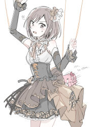  !? 1girl 1other =_= akiyama_mizuki annoyed arm_up armpit_crease bare_shoulders black_corset black_skirt black_sleeves breasts brown_eyes brown_flower brown_hair brown_ribbon brown_rose center_frills commentary corset crinoline crying detached_sleeves flower frilled_corset frilled_skirt frilled_sleeves frills gold_trim hair_flower hair_ornament hand_up kaesmedubu korean_text layered_skirt light_blush looking_to_the_side medium_breasts motion_lines neck_ribbon official_alternate_costume open_mouth project_sekai puppet_strings ribbon rose shinonome_ena shirt short_hair skirt streaming_tears tears tofu_(project_sekai) toraware_no_marionette_(project_sekai) translation_request upper_body white_background white_shirt 