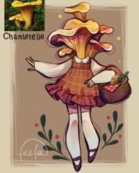  1girl baguette basket bread chanterelle_(feefal) character_name child dress feefal food full_body funguary highres holding holding_basket monster_girl mushroom mushroom_girl object_and_personification object_head original over-kneehighs personification photo_inset procreate_(medium) reference_inset signature simple_background solo thigh-highs 