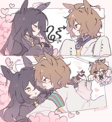  2girls agnes_tachyon_(tach-nology)_(umamusume) agnes_tachyon_(umamusume) ahoge animal_ears arrow_(symbol) black_choker black_coat black_gloves black_hair black_necktie black_shirt blush brown_hair chemical_structure choker closed_mouth coat collared_shirt commentary ear_tag earrings gloves hair_between_eyes heart highres holding_hands horse_ears horse_girl imaichichan jewelry lab_coat long_hair long_hair_between_eyes long_sleeves manhattan_cafe_(creeping_shadow)_(umamusume) manhattan_cafe_(umamusume) medium_hair multicolored_hair multiple_girls necktie one_eye_closed open_mouth red_eyes shirt short_necktie single_earring sleeves_past_fingers sleeves_past_wrists smile sweater sweater_vest umamusume untranslatable_commentary white_coat white_hair wolf_cut yellow_eyes yellow_necktie yellow_sweater yellow_sweater_vest yuri 