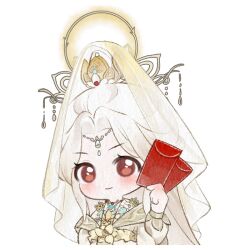  1girl artist_request barre brown_eyes chinese_clothes circlet closed_mouth cropped_torso envelope eyelashes flower formless_truth_(infinity_nikki) glowing glowing_halo gold_circlet gold_necklace hair_ornament halo hanfu happy holding holding_envelope hongbao infinity_nikki jewelry layered_sleeves light_blush long_hair looking_at_viewer lotus necklace nikki_(series) official_art painterly parted_bangs puffy_sleeves smile solo sticker_(medium) straight_hair tareme topknot transparent_background veil very_long_hair white_flower white_hair white_hanfu white_veil wide_sleeves 