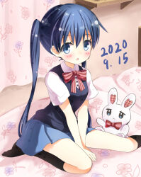  :o bed_sheet between_legs black_socks blue_eyes blue_hair blue_skirt blue_vest blush bow bowtie collared_shirt commentary curtains dated hand_between_legs ichiyo12 indoors kin-iro_mosaic komichi_aya lens_flare long_hair moegi_high_school_uniform on_bed school_uniform shirt sitting skirt socks striped_bow striped_bowtie striped_clothes stuffed_animal stuffed_rabbit stuffed_toy summer_uniform tareme twintails vest wariza white_shirt 