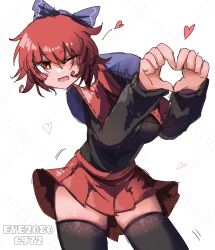  1girl :s absurdres artist_logo averting_eyes black_shirt black_thighhighs blue_bow blue_collar blush bow capelet collar commentary_request disembodied_head double-parted_bangs embarrassed eye20806972 feet_out_of_frame floating_clothes four-finger_heart_hands hair_between_eyes heart heart_hands highres logo long_sleeves motion_lines one_eye_closed open_mouth partial_commentary pleated_skirt puffy_long_sleeves puffy_sleeves red_capelet red_eyes red_hair red_skirt sekibanki shirt short_hair simple_background skirt solo thigh-highs touhou white_background zettai_ryouiki 
