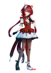  1girl absurdres animal_ears asymmetrical_footwear black_gloves blush breasts commentary_request dress ear_covers ear_ornament feather_hair_ornament feathers gloves green_eyes hair_between_eyes hair_ornament highres horse_ears horse_girl horse_tail konsu_(konsu1182da) long_hair looking_at_viewer low_twintails mismatched_footwear pantyhose red_dress red_hair simple_background small_breasts smile solo tail twintails umamusume white_background win_variation_(dramatic_tutu)_(umamusume) win_variation_(umamusume) 