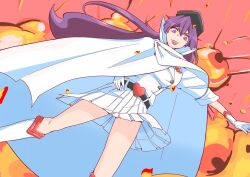  1girl bambietta_basterbine belt black_belt bleach bleach:_sennen_kessen-hen boots breasts brooch buckle cape commentary explosion gloves hair_between_eyes hat heart heart-shaped_buckle heart_brooch highres jacket jewelry large_breasts long_hair military military_hat military_uniform miniskirt peaked_cap pink_background pleated_skirt purple_hair skirt solo spinosaur1111 violet_eyes wandenreich_uniform white_boots white_cape white_gloves white_jacket white_skirt 