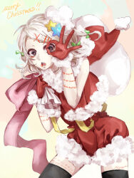  1boy :o androgynous black_thighhighs bow brown_eyes carrying_over_shoulder christmas commentary_request cowboy_shot fur-trimmed_gloves fur-trimmed_shirt fur-trimmed_shorts fur_trim gloves green_bow hair_bow hair_ornament hairclip highres holding holding_sack looking_at_viewer male_focus merry_christmas multiple_hair_bows ok_sign ok_sign_over_eye open_mouth parallel_hairclips red_gloves red_shirt red_shorts sack santa_costume shirt shishi_(eai_make) short_hair shorts solo standing star_(symbol) star_hair_ornament stitched_arm stitched_face stitched_leg stitches suzuya_juuzou swept_bangs teeth thigh-highs tokyo_ghoul upper_teeth_only white_hair x_hair_ornament 