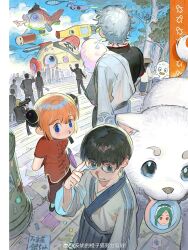  anni_de_chengzi_mao bokken bun_cover china_dress chinese_clothes double_bun dress gintama hair_bun highres hijikata_toushirou japanese_clothes kagura_(gintama) kimono multiple_boys oil-paper_umbrella open_clothes open_kimono orange_hair popped_collar purple_umbrella sakata_gintoki sword umbrella weapon white_kimono wooden_sword 